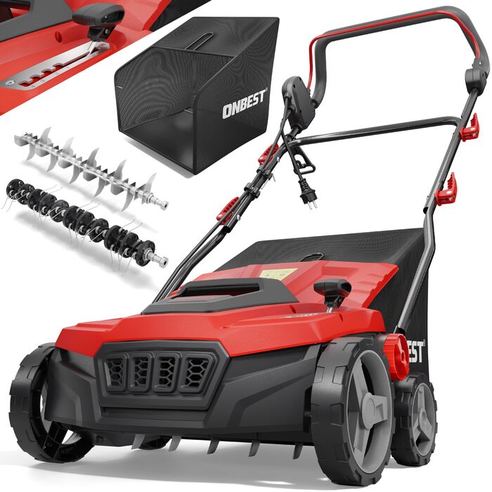 В-1 Електричний Вертикуттер 1800 Вт Ширина захоплення 38 см Обєм травозбірника 45 л з Вертикутуючим та Аераційним Валками для Видалення Моху/Бурянів та Покращення Повітряного Обміну Газону, 2-