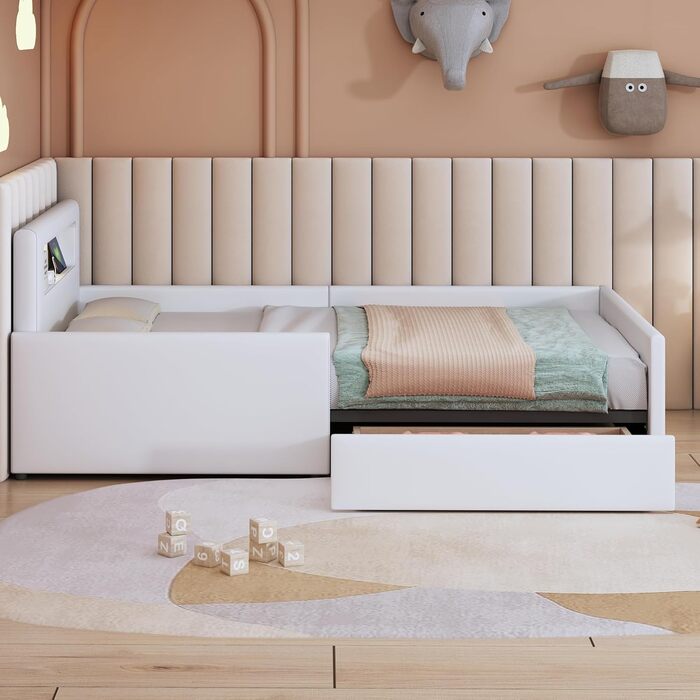 Молодіжне ліжко Dolaman Modern 90x200 см м'яке ліжко з основою, ліжко з рейковою рамою та місцем для зберігання, м'яке узголів'я з