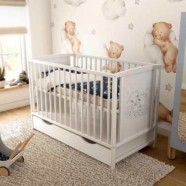 Дитяче ліжко Generic Baby Deluxe 60x120, що трансформується в дитяче ліжко білого кольору, з шухлядою та матрацом з алое вера, регульованою висотою та знімними поручнями (захисна поручень Mia для шухляди)