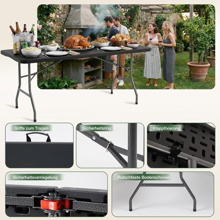 Складаний фуршетний стіл Sekey, пластик, 152x70 см Кемпінговий стіл з ручкою для перенесення, стіл для вечірки, розкладний стіл, садовий стіл для саду, патіо та балкону, складаний, 4 особи (чорний)