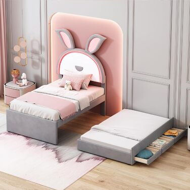 Дитяче м&39яке ліжко 90x200 см з світлодіодною підсвіткою у формі вуха кролика, односпальне ліжко з висувним ліжком та 3 шухлядами для зберігання речей для 2 дітей, каркас ліжка з рейковою основою з дерева, оксамит, сірий колір, без матраца