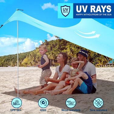 Портативний сонцезахисний намет з 2 стійками, пляжний намет для захисту від сонця, сонцезахисний тент для пляжу, саду, кемпінгу, патіо, 215x200 см (2*2 м), 2 стійки