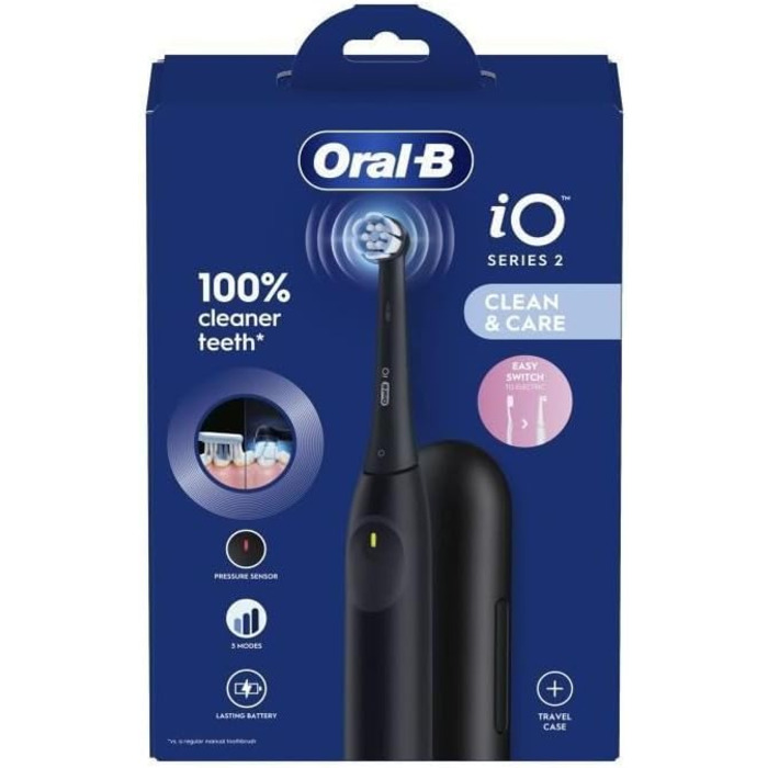 Електрична зубна щітка, чорна, 3 режими чищення, м'яка та тиха чистка, датчик тиску, запасна насадка, зарядний пристрій, дорожній футляр, 2