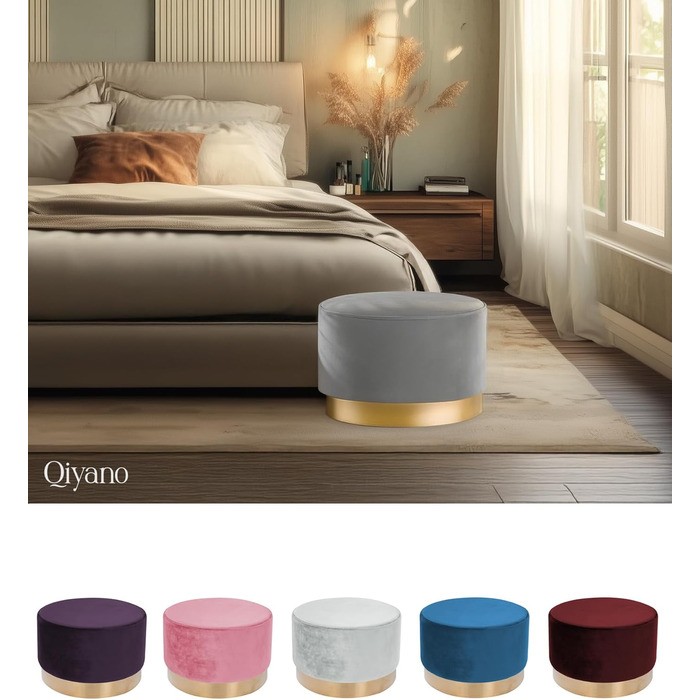 Оксамитовий пуф/туалетний стілець різних розмірів і кольорів із золотою обробкою для вітальні, спальні або гардеробної, великий круглий, колір сірий 300 сірий