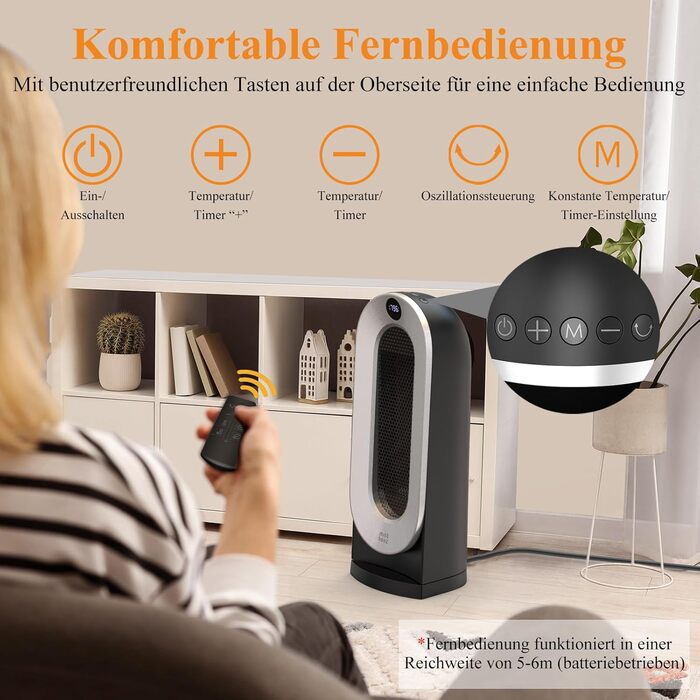 Енергозберігаючий вентилятор-обігрівач Minthouz, 2000 Вт, тихий, 3 режими нагріву для дому з еко-режимом, коливання 70, 12-годинний таймер, захист від перекидання для дому, офісу, вітальні, приміщень