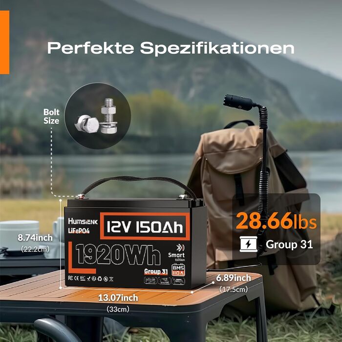 Акумулятор Humsienk 12V 150Ah LiFePO4 з Bluetooth, 110A BMS 1920Wh глибокого циклу літієвої батареї, захист від низьких температур, ідеально підходить для автофургонів, тролінгових моторів, яхт, човнів 12V 150AH-Bluetooth