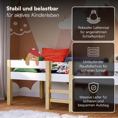 Дитяче ліжко Bellabino Aspy 90x200 см Двоярусне ліжко з поручнями та рейковою основою Ліжко середнього класу з драбиною з масиву сосни білого/натурального кольору Дитяче ліжко для хлопчиків та дівчаток без матраца білого кольору - Без шухляд