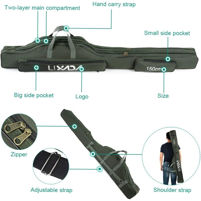 Сумка для риболовлі Lixada Портативний складаний футляр для вудки на відкритому повітрі 100 см/130 см/150 см Зелений 150 см
