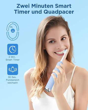 Електрична зубна щітка, звукова зубна щітка для дорослих та дітей, з 5 режимами чищення, 3 рівнями інтенсивності, вбудованим таймером та 8 насадками, дорожній футляр, світло-блакитний, (в упаковці)