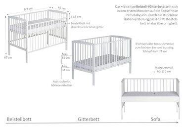 Дитяче ліжечко Micky Plus - Біле - 60120 см - Плавне регулювання висоти 3-в-1 - вкл. боковини та систему ременів безпеки - Ідеально підходить для ліжок Box Spring 124Д x 65Ш x 97В см Box Spring - Біле лаковане одномісне ліжко
