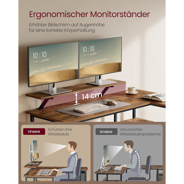 Г-подібний письмовий стіл, 2 місткі шухляди, комп&39ютерний стіл з підставкою для монітора, кутовий стіл, ігровий стіл з регульованою полицею 135 x 105 см, вінтажний коричневий LWD098B01