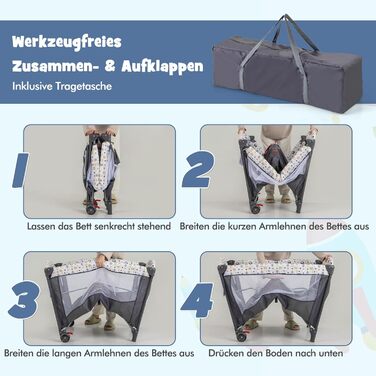 Дитяче ліжечко COSTWAY 5-в-1, дорожнє ліжечко з матрацом, регульована по висоті тумбочка з пеленальний столик, ремені безпеки, музичний мобіль та підвісні іграшки, колиска/колиска з колесами для малюків, сірий колір