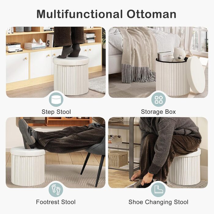 Круглий стілець WOLTU, пуф для зберігання з кришкою, м&39яка скриня для зберігання, складаний, м&39яка скриня для зберігання, виготовлена з оксамитового МДФ, 38xВ36 см, кремовий 38Г x 38Ш x 36В см