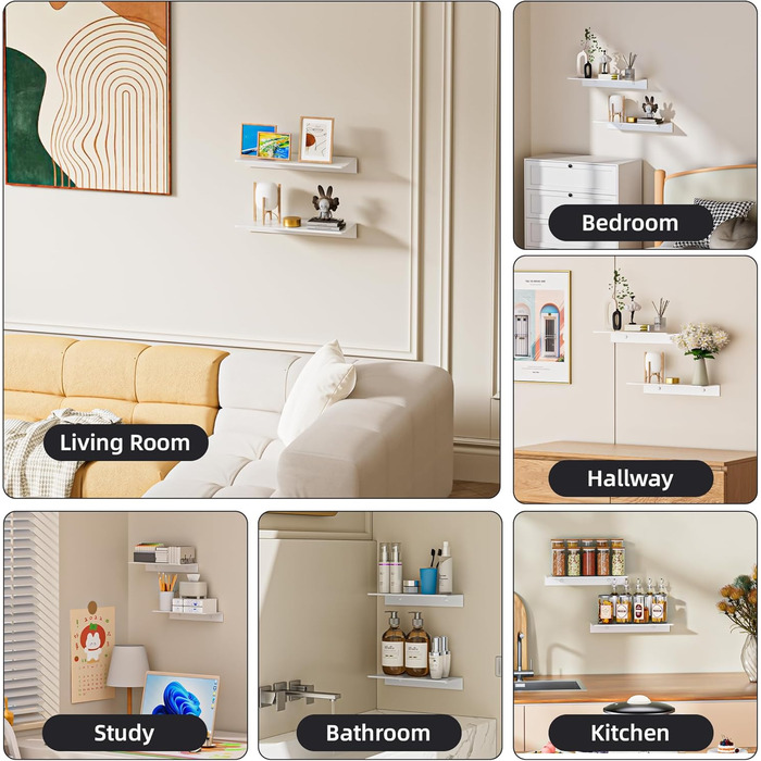 Біла металева настінна полиця, комплект з 2 шт. - Нержавіючий алюміній - Плаваюча полиця - полиця для душу 30 см, не потребує свердління, ідеально підходить для декору та настінного зберігання в будь-якій кімнаті, біла, 30 x 12,5 см