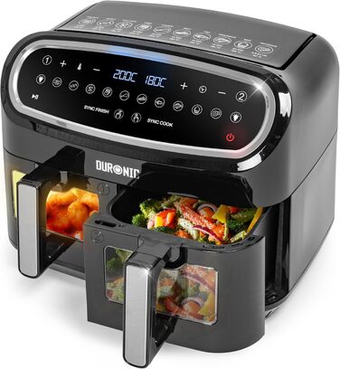 Фритюрниця Duronic AF24 Подвійна фритюрниця об'ємом 9 літрів Готування або закінчення в один і той же час 10 попередньо встановлених програм Сенсорне керування Смаження без олії 2400 Вт