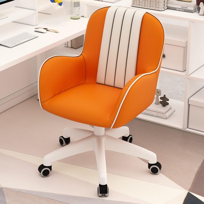 Туалетне крісло з колесами для невеликих приміщень, зручне офісне крісло для дівчат та жінок для макіяжу, шкіряні крісла з регульованою висотою для домашніх офісів зі спинкою (помаранчеве)