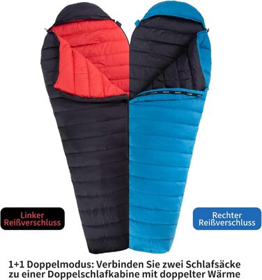 Пуховий спальний мішок, зимовий спальний мішок, наповнений качиним пухом щільністю 650. Сертифіковано RDS. Підходить для температур від 8C до -30C, ідеально підходить для кемпінгу та альпінізму. Чорний 8C