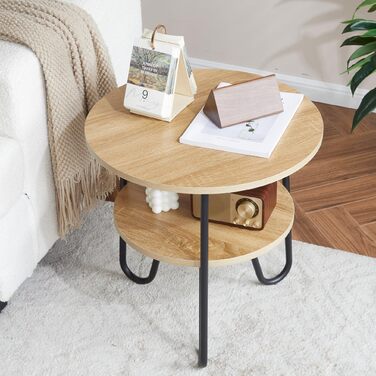 Круглий журнальний столик Mingone, бічний столик з 2 полицями, сучасний диванний столик з місцем для зберігання, маленький столик для вітальні, спальні, балкону, кольору дерева