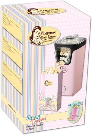 Виробник попкорну Bestron, турбо-попкорн менш ніж за 2 хвилини, машина для приготування попкорну з технологією гарячого повітря, включаючи 10 пакетиків для попкорну та вбудовану мірну чашку, колекція Sweet Dreams, колір рожевий