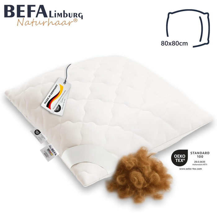 Подушка BEFA NATUR з верблюжої шерсті 80x80 см, наповнювач 100 верблюжа шерсть, бавовняний чохол, Oeko-TEX клас 1, виготовлена в Німеччині, гіпоалергенна