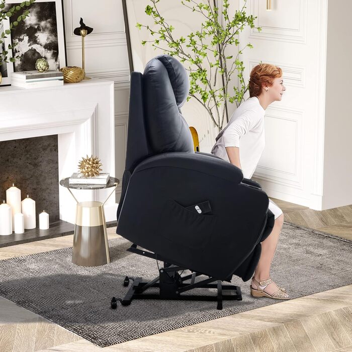 Електричне крісло-реклайнер HOMCOM з підйомником, розкладне крісло з пультом дистанційного керування, підстаканник, бічна кишеня, підставка для ніг, штучна шкіра, чорний колір