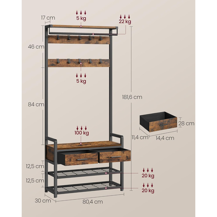 Вішалка для одягу VASAGLE з лавкою для взуття, шафа, місце для зберігання взуття, 2 шухляди для тканини, 10 гачків, 6 бічних гачків, 30 x 80,4 x 181,6 см, вінтажний коричневий-чорний HSR429B01 Вінтажний коричневий, чорнильний