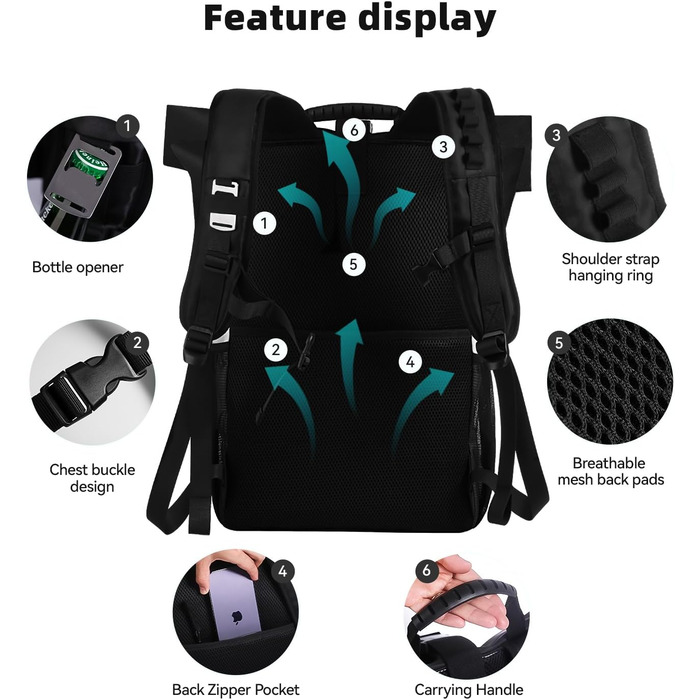 Термальний рюкзак 35 л, рюкзак-холодильник, водонепроникний рюкзак для пікніка з відкривачкою для пляшок, пікніків, кемпінгу, пляжу, походів, подорожей, шопінгу, чорний