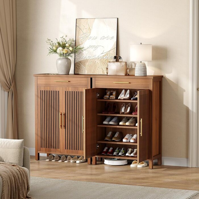 Вузька 5-ярусна взуттєва шафа Tribesigns з рейковими дверцятами та шухлядою Регульована дерев&39яна взуттєва полиця для передпокою, коридору та гардеробу 80 x 36 x 110 см, Коричневий