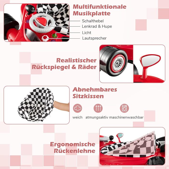 Складані дитячі ходунки, дизайн гоночного автомобіля, з 3 регульованими висотами, знімним музичним підносом та сидінням, допоміжний пристрій для ходьби для малюків 6-14 місяців (червоні)