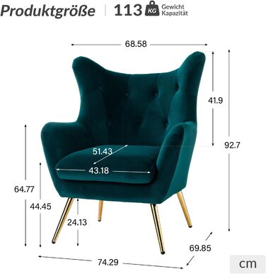 Крісло HULALA HOME, зручне крісло з відкидною спинкою та золотистими металевими ніжками, крісло для читання, зручне крісло з оксамиту для вітальні/спальні, темно-зелений 1 темно-зелений