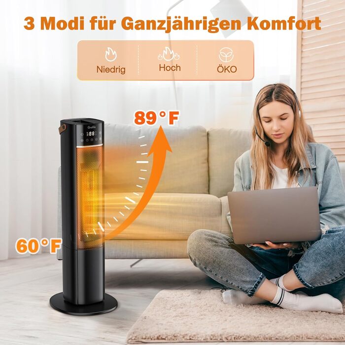 Енергозберігаючий керамічний обігрівач Grelife 2000 Вт PTC з пультом дистанційного керування 70 коливання, 3 режими, таймер на 12