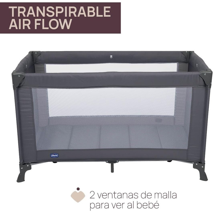 Дорожнє ліжечко Chicco Good Night Baby для немовлят та малюків від народження до 15 кг, складне та компактне, дорожнє ліжечко з сітчастим віконцем та сумкою, темно-сіре