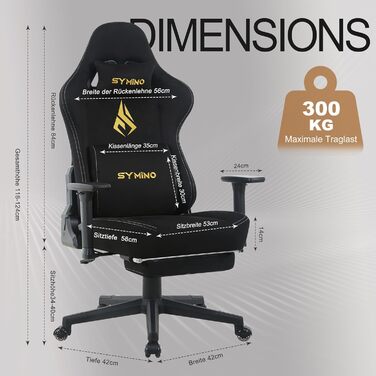 Ігрове крісло Symino з латексною подушкою сидіння, вантажопідйомність 300 кг, ергономічне комп&39ютерне крісло з поперековою опорою та підголівником з піни з ефектом пам&39яті, дихаюче офісне крісло зі штучної замші, чорне