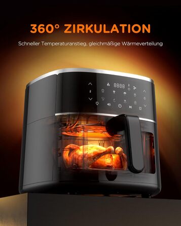 Аерофритюрниця Tomons 6 л, фритюрниця Фритюрниця з гарячим повітрям Фритюрниця з оглядовим вікном Цифровий світлодіодний сенсорний екран, програми 8 в 1 фритюрниця, регульований контроль температури