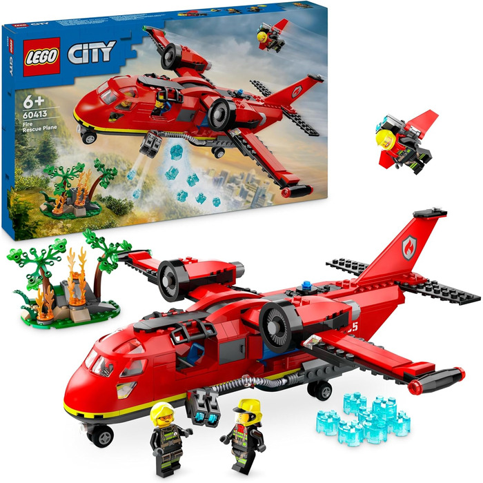 Пожежний літак LEGO City, пожежний набір з іграшковим літаком для дітей, будівельний набір з 3 фігурками пожежників та пожежним фоном, чудова ідея для подарунка для хлопчиків та дівчаток віком від 6 років 60413
