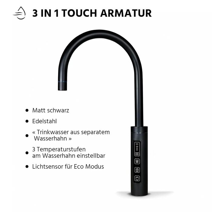 Чайник для виробництва газованої води HappyFilter FizzRed охолоджений шипучий кип'ятіння Сенсорний чорний змішувач 3в1 Фільтр від накипу Диспенсер для води Офіс Кухня Стаціонарне підключення до водопроводу Адаптер CO2 425 г 3 в 1 чорний 425 г CO2