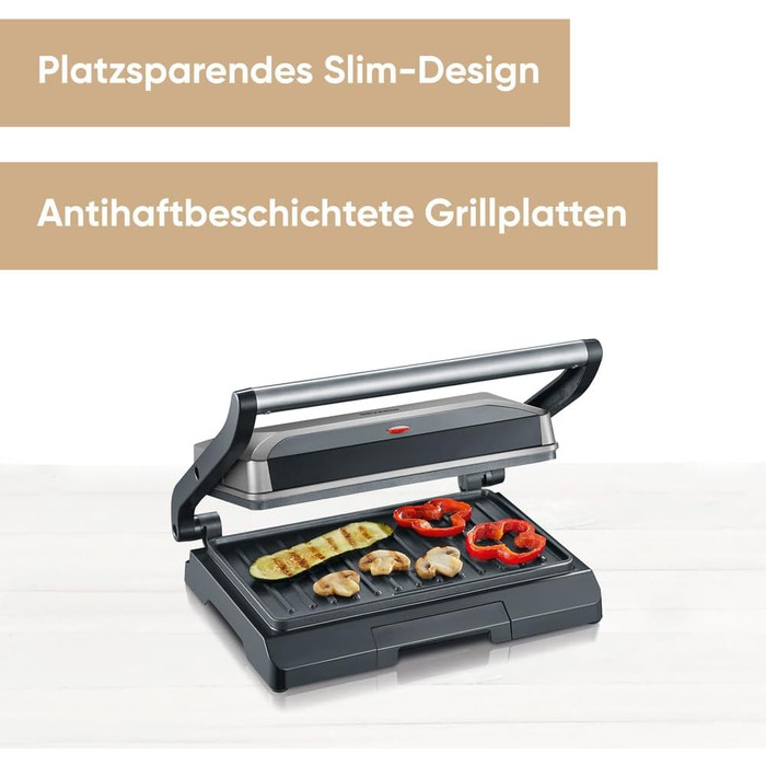 Гриль для бутербродів, стейків і як гриль паніні, бутербродниця з антипригарним покриттям для знежиреного гриля, 800 Вт, металевий сірий/чорний, KG 2394 Без автоматичних програм