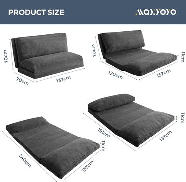 Ліжко-мішок MAXYOYO, розкладне, вельветовий диван-ліжко, матрац для дорослих, надзвичайно товстелезне, складається в 4 сторони, диван-ліжко для спальні, вітальні, антрацитово-сірий, 135 x 240 см