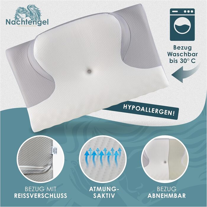 Ортопедична подушка ергономічна подушка для зняття болю в шиї з піни з ефектом пам&39яті, сертифікована IGR, подушка проти хропіння, подушка для підтримки шиї для сну на спині, животі та на боці, біло-сіра 1