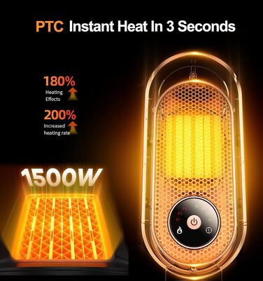 Електричний вентилятор-обігрівач, портативний кімнатний обігрівач, енергозберігаючий швидкий PTC-обігрівач потужністю 1500 Вт, керамічний вентилятор-обігрівач з термостатом, таймером та 3 режимами, захист від перегріву та перекидання для офісу та спальні