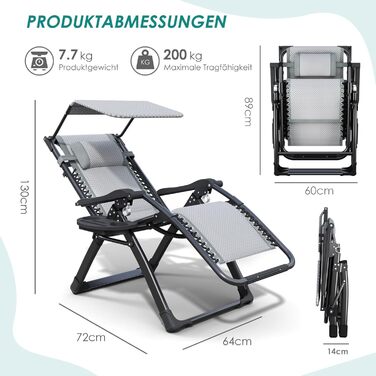 Складаний шезлонг з парасолькою, підголівником та тримачем для напоїв для саду, басейну та пляжу (сірий)