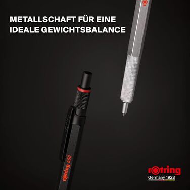 Гелева ручка rOtring 600 0,55 мм Чорне чорнило Пишучий інструмент сріблястого кольору з металевим корпусом Нековзка зона захоплення з насічкою та шестигранний корпус Змінний гель сріблястого кольору