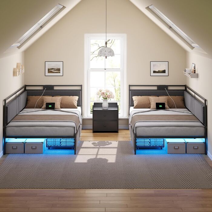 Диван-ліжко HOOBRO 90 x 200 см з 2 шухлядами, рейкова основа, каркас ліжка, м&39яке ліжко із зарядною станцією та світлодіодним освітленням, м&39яке ліжко, односпальне ліжко, для спальні, сірий та чорний EBG81CDBF01