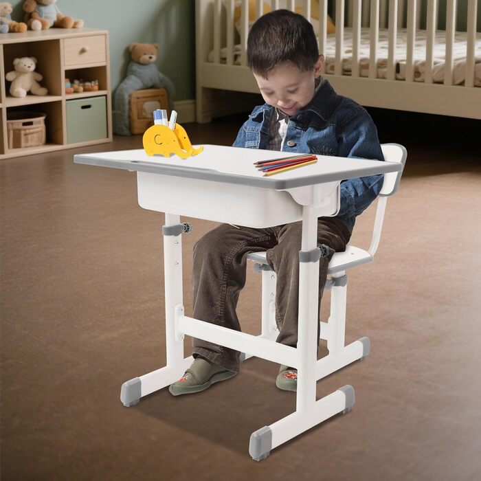 Дитячий письмовий набір, дитячий стіл з регульованою висотою (стіл 64-76 см, стілець 36-42 см), стіл з гачками, шухлядою та лотком для ручок для дітей віком 3-18 років, навчання письму та малюванню (кремово-білий)
