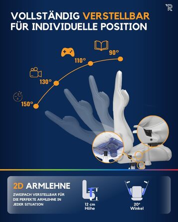 Ергономічне ігрове крісло Felix Original з регульованою спинкою, 2D підлокітниками, подушками для попереку та шиї, високою спинкою, штучною шкірою, міцною сталевою рамою, для високих людей, біло-сірим