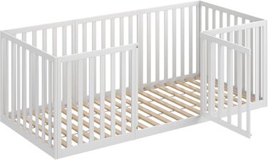 Дитяче ліжко CADANI Teso 90x200 см Ліжко-ліжко Монтессорі з дверцятами та захистом від падіння, 6 варіантів складання, масив сосни білого кольору, можна використовувати як манеж, вкл. рейкову основу 90 x 200 см білого кольору з дверцятами