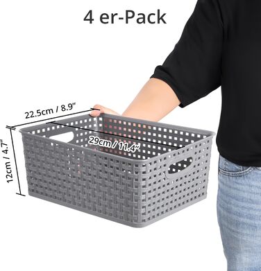 Пластикові кошики для зберігання Winter Shore, сірі 4 шт. - плетені дизайнерські кошики для зберігання речей у шафах, на кухонних полицях, під раковинах, у пральнях, спальнях, ванних кімнатах - 29 x 22,5 x 12 см