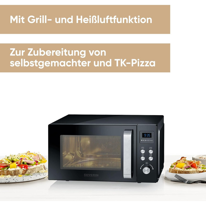 Мікрохвильова піч SEVERIN 3-в-1 з функцією гриля та конвекції до 200 C, міні-піч з функцією попереднього підігріву, мікрохвильова піч з тарілкою для піци з антипригарним покриттям, чорна, MW 7752 25L, гриль та функція конвекції