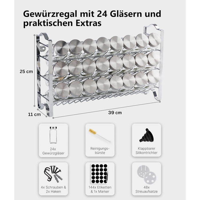 Квадратна підставка для спецій Deco haus з банками для спецій - Банки для спецій з полицею - Настінна підставка для спецій, підставка для спецій з набором з 24 банок для спецій - Металева підставка для спецій, не потребує свердління, хром - Набір з 24 пре