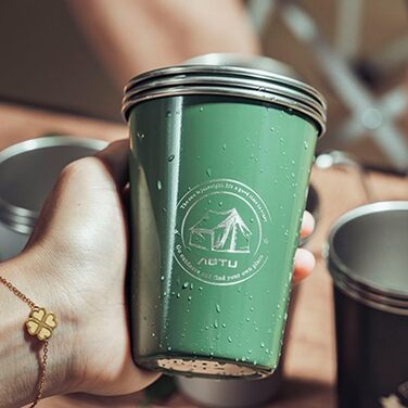 Набір стаканчиків з нержавіючої сталі для використання на відкритому повітрі, 4 предмети, металеві стаканчики харчового класу 304, об&39ємом 350 мл, що складаються один на одного, з сумкою для перенесення, для пікніків, подорожей (зелені)